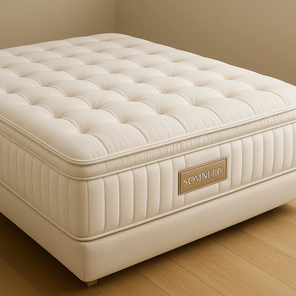A hand gently pressing down on the soft, tufted surface of a luxurious mattress, highlighting the comfort and quality of our premium mattresses collection.