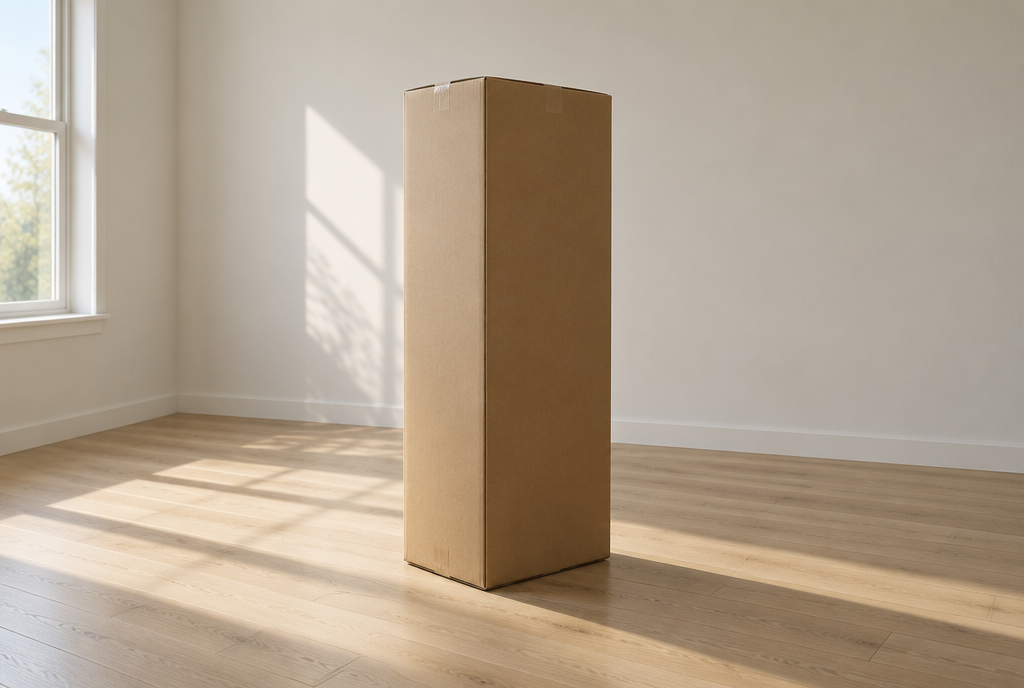 The mattress compressed into a kraft shipping box, standing upright in an empty sunlit room. Rendering, not a photograph of shipped goods.