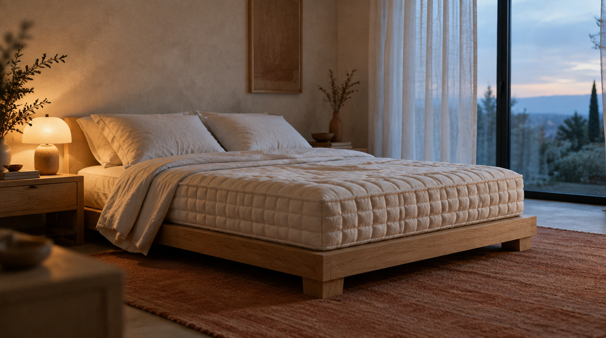 A bedroom with the mattress on a wooden platform bed, warm daylight through a window. Styled interior rendering, not a photograph of shipped goods; bedding and furniture are not included.