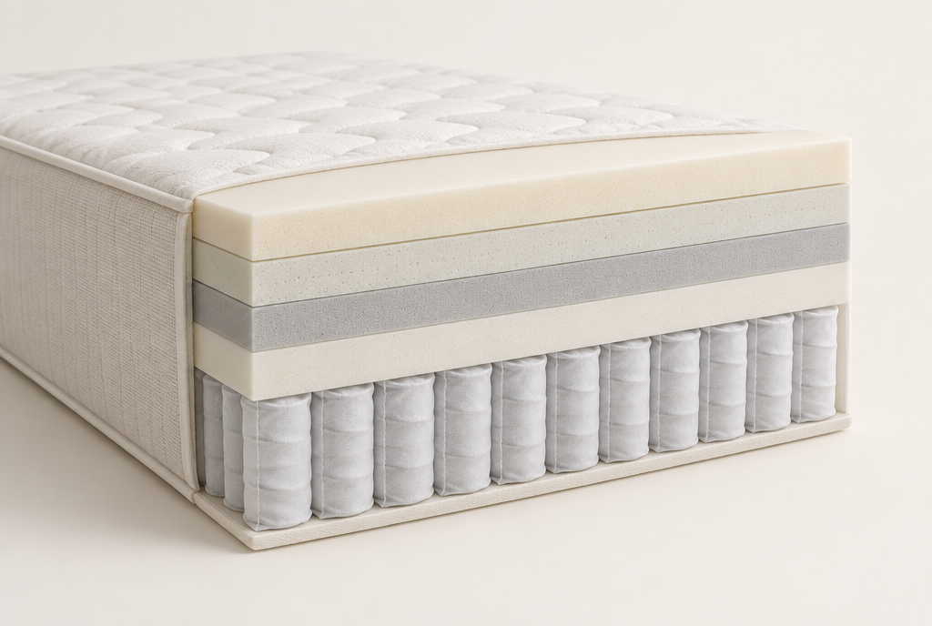 Cut-away through the mattress: foam comfort layers over a pocketed coil core. Rendering, not a photograph of shipped goods.