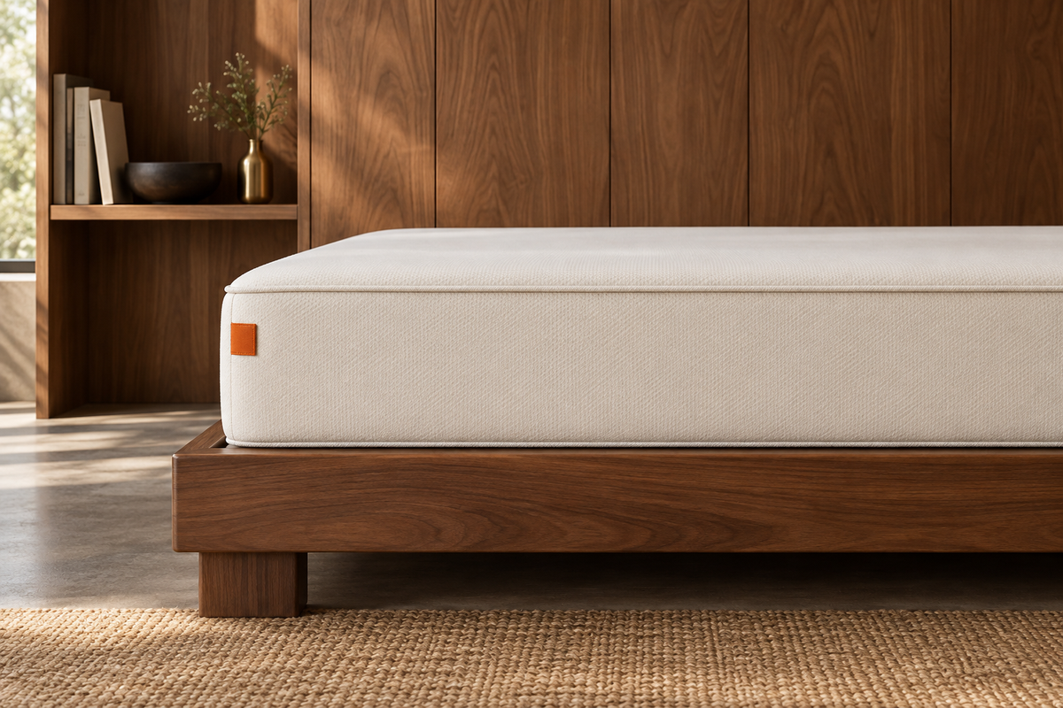 Illustrative Somnero mattress presentation in a warm walnut bedroom